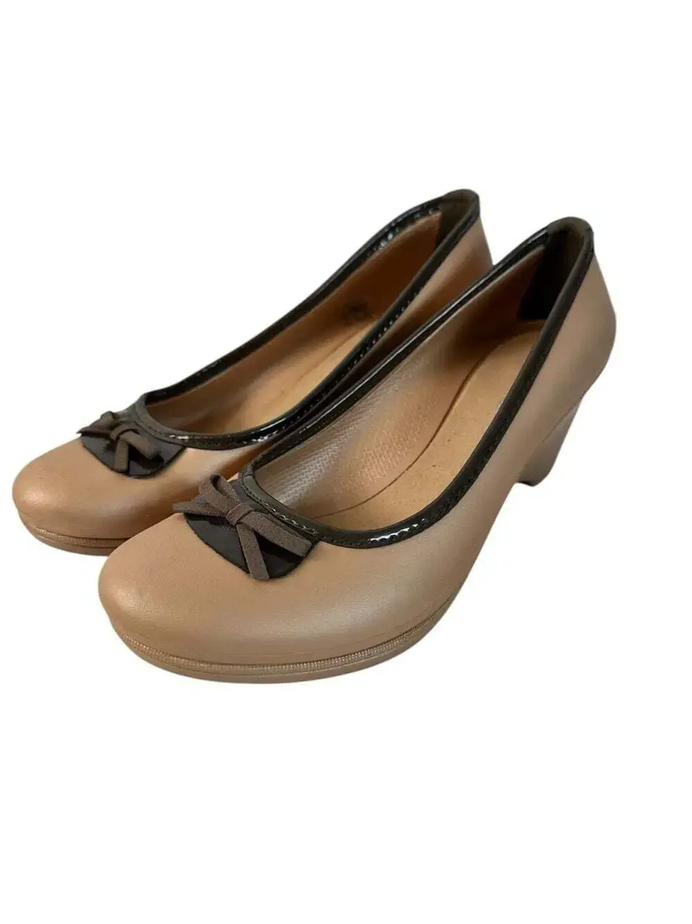Crocs Lily Metallic Beige Bow Flats Brown Trim Rubber Comfort Shoes 8